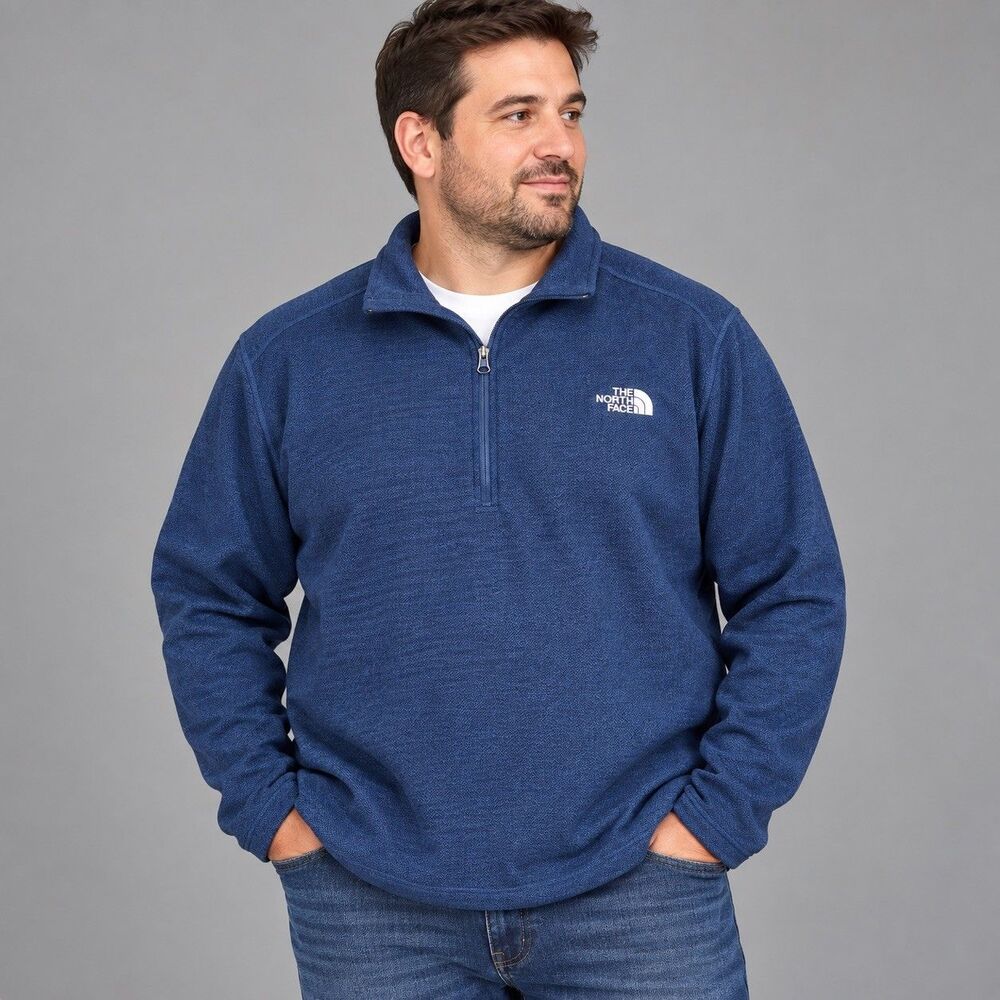 The North Face Jacket Mens Blue Fleece Quarter Zip Embroidered Logo Outdoor 2XL